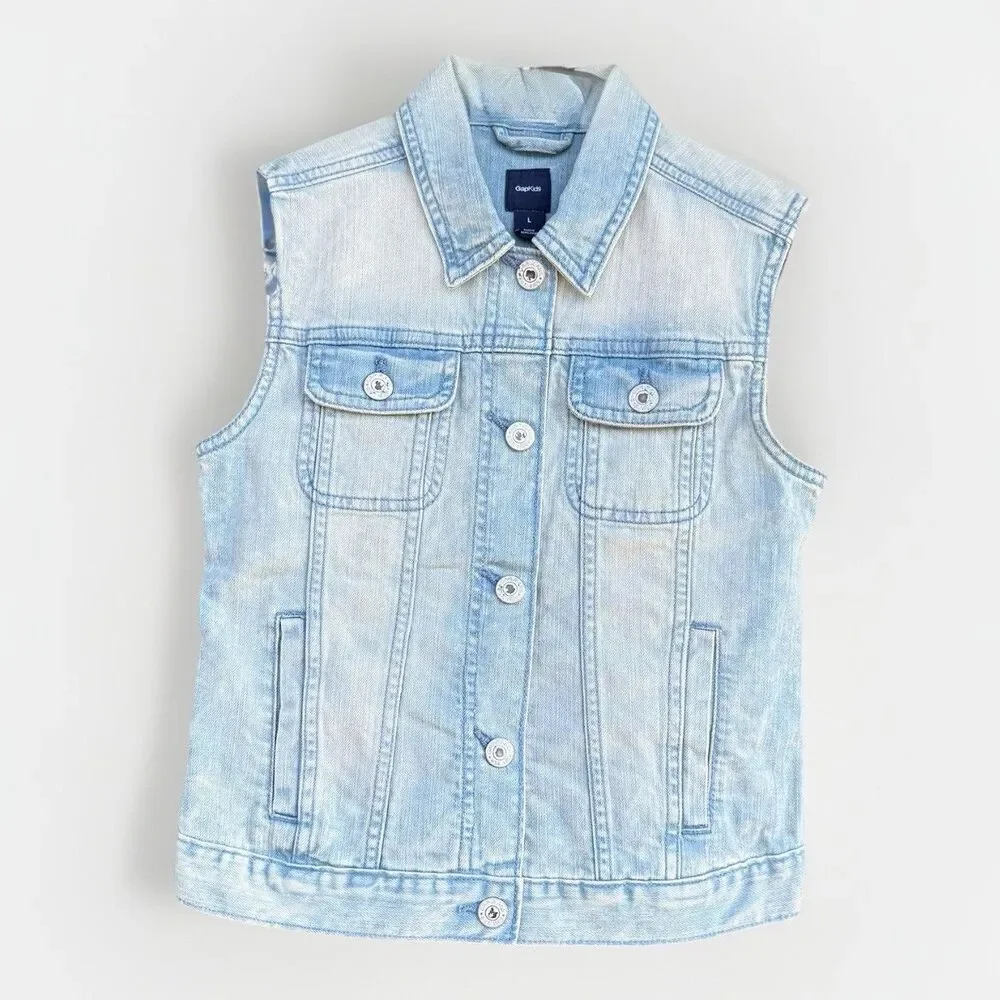 GapKids Girls Denim Vest Light Acid Wash Button Snap Sleeveless youth size XL